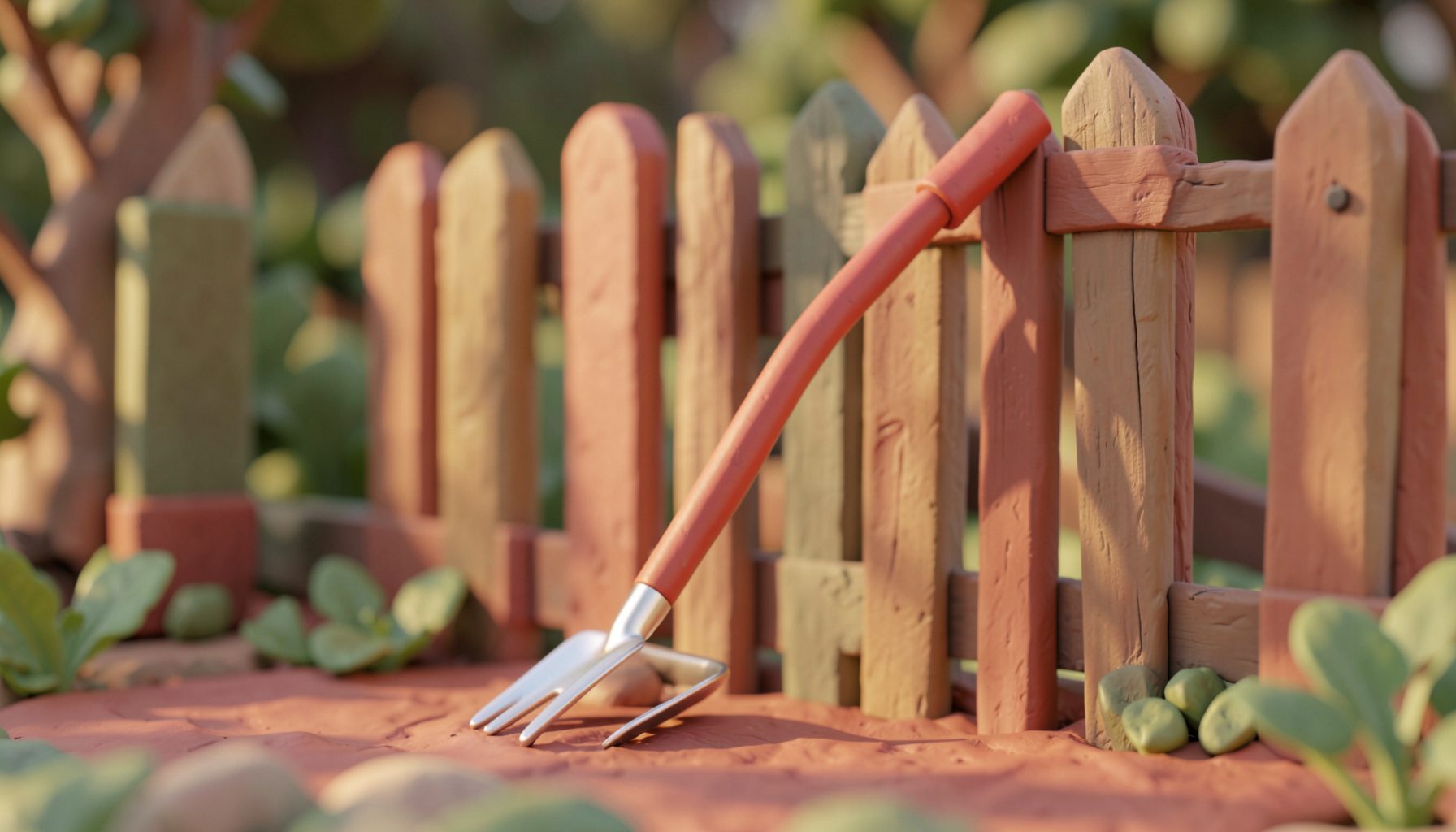 A soft clay-model render of a long-handled four-tine cultivator with a bright steel head, leaning against a wooden garden fence in soft afternoon light.