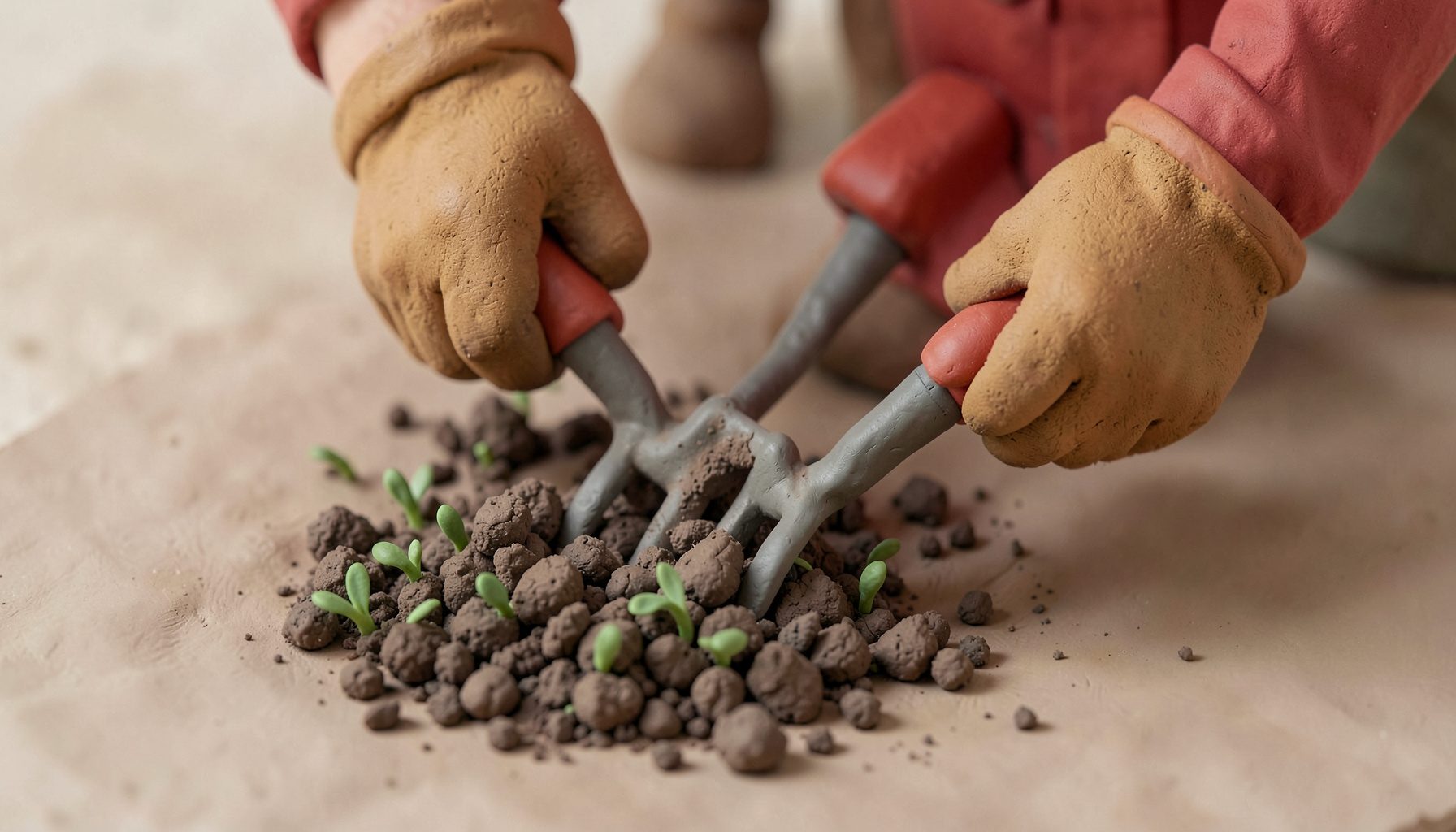 A soft clay-model render of a gardener's hands in warm earthy gloves gripping the handles of a manual tiller, with crumbly dark soil and small green sprouts around the tines, soft natural light and rounded handmade forms.