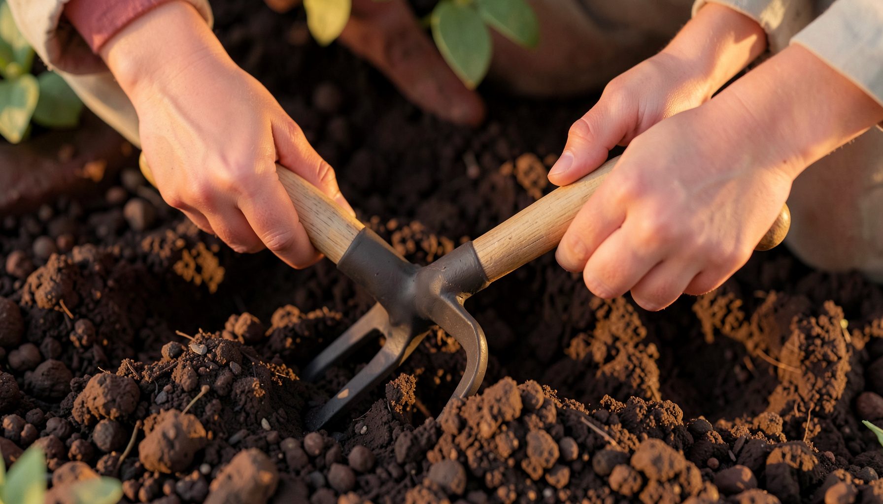 A gardener's hands gripping the wooden handles of a broadfork from above, the tool partially sunk into dark loamy earth, warm afternoon glow.