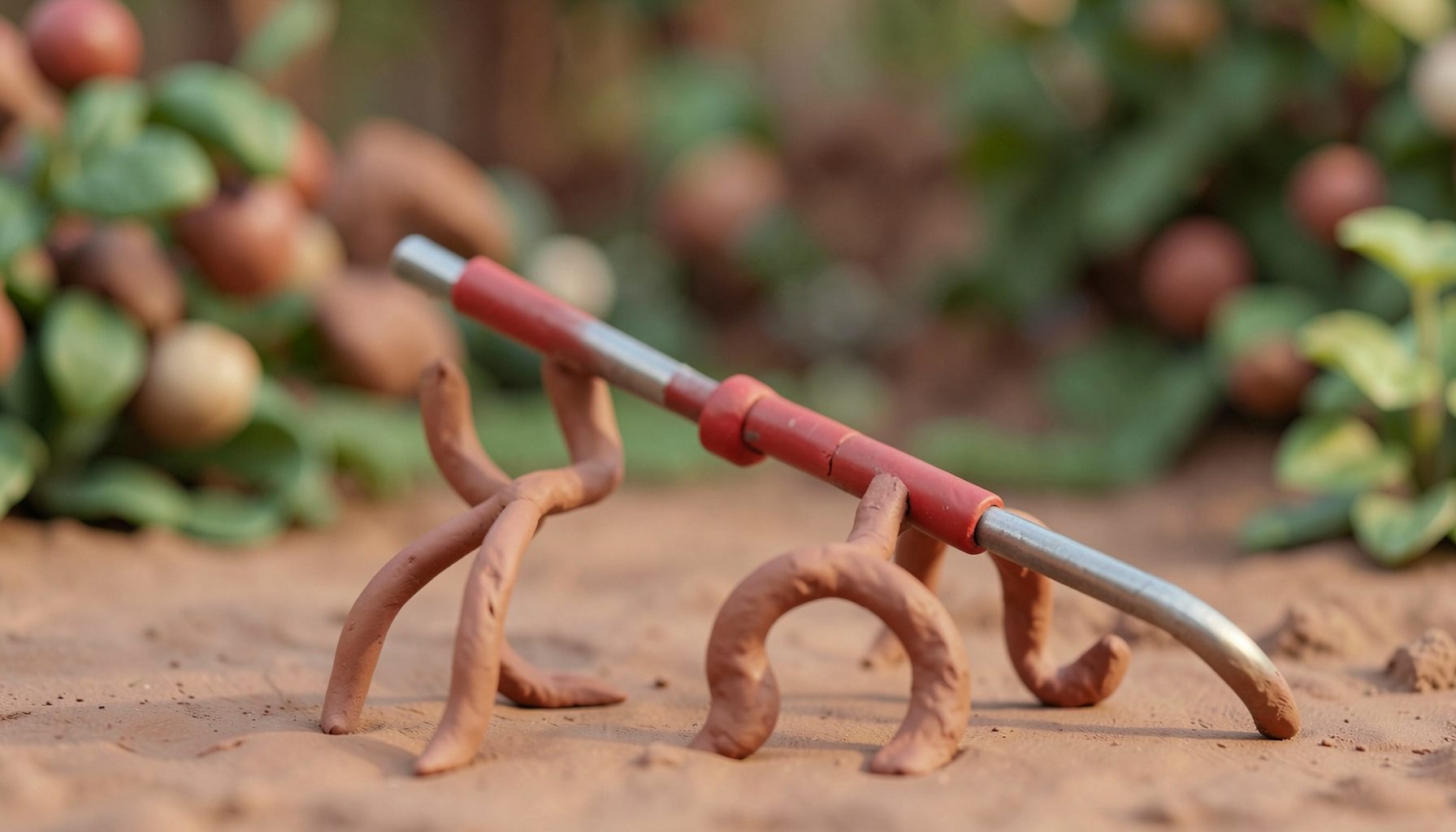 A soft clay-model render of a twist-style manual tiller with a steel shaft and four curved tines, set against a blurred garden backdrop in earthy browns and greens.