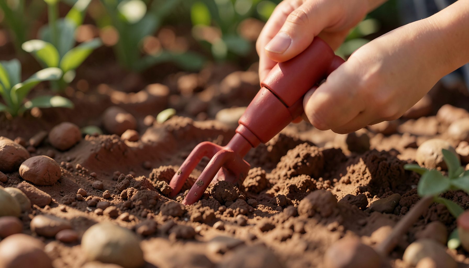 A soft clay-model render of a broadfork being pressed into loose garden soil by a pair of hands on the handles, viewed from a low angle with dappled sunlight and rich brown earth tones, rounded handmade aesthetic.