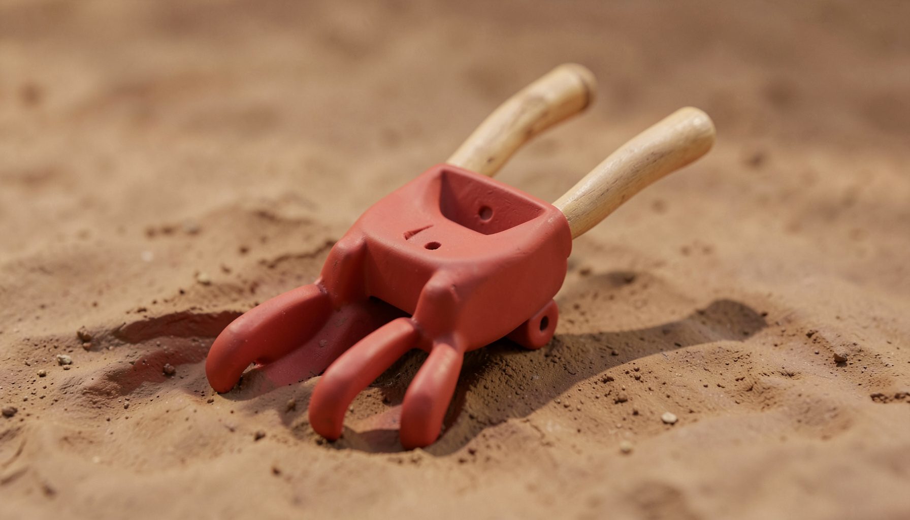 A soft clay-model render of a manual garden tiller with rounded tines and curved wooden handles, resting on warm brown soil in gentle sunlight.
