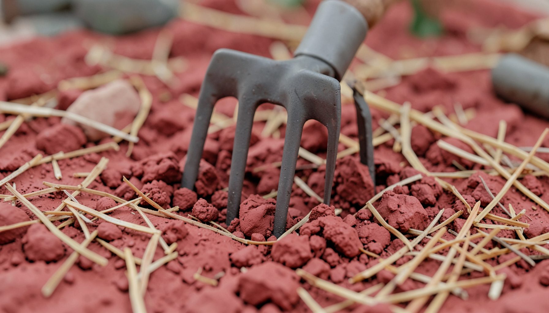Close-up of a broadfork's steel tines pressing into crumbly garden soil, with straw mulch scattered around, soft overcast light.