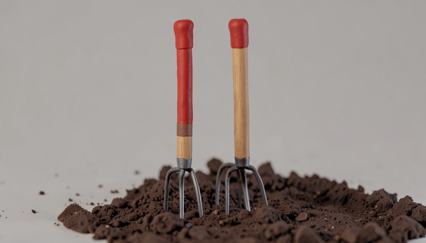 A soft clay-model render of a broadfork-style hand tiller with two long ash-wood handles and five thick steel tines, standing upright in dark loamy soil.