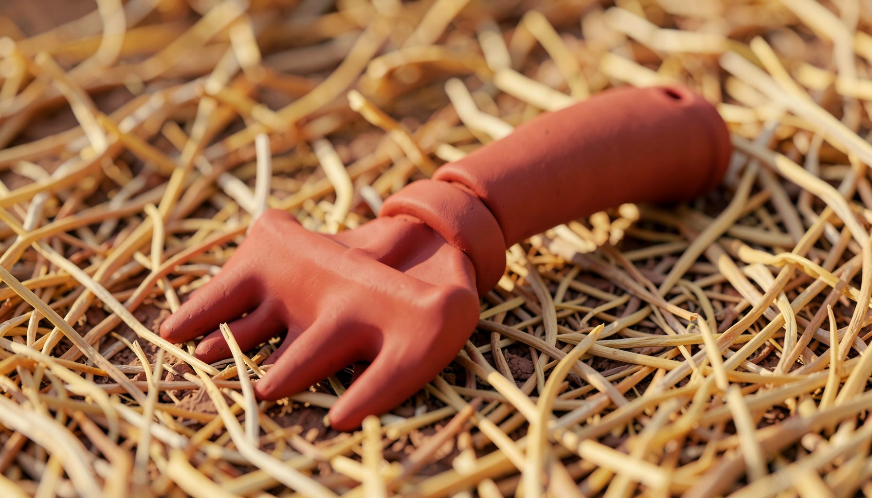 A soft clay-model render of a compact hand cultivator with three short prongs and an ergonomic grip, lying on a bed of straw in warm golden light.