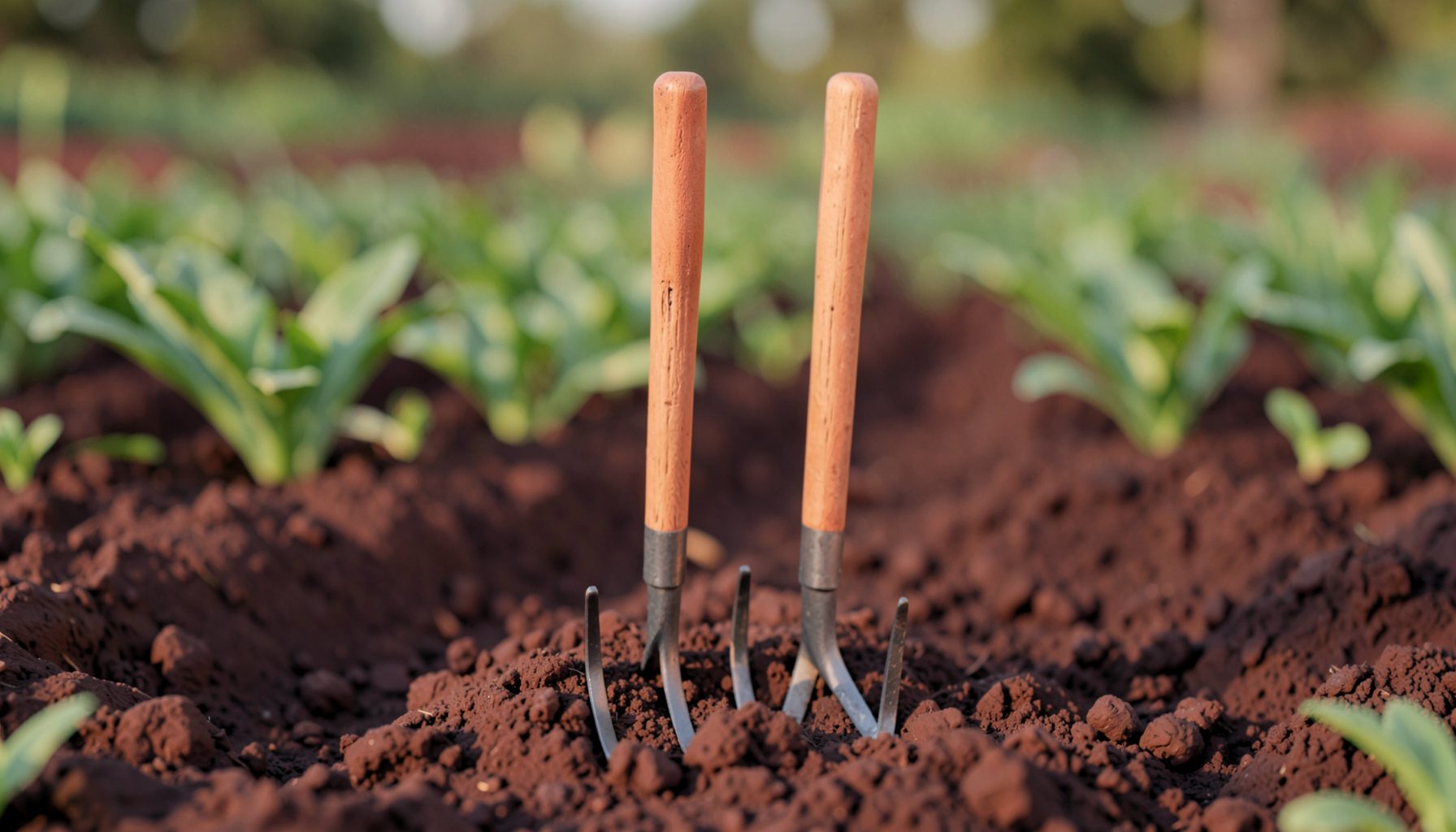 A broadfork garden tool with two long wooden handles and several steel tines, standing upright in rich dark soil with green garden rows in soft focus behind it, warm natural daylight.