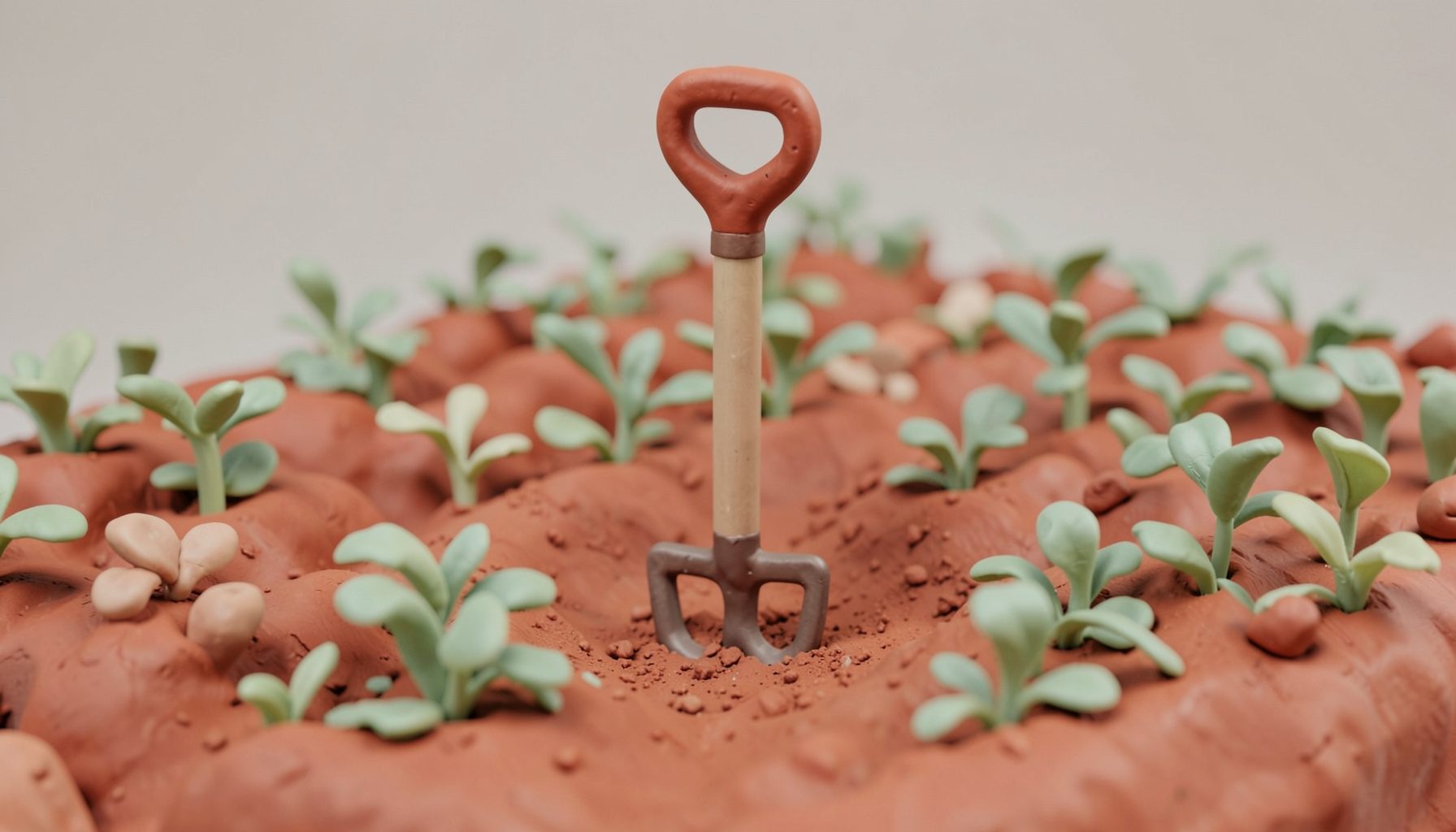 A soft clay-model render of a broadfork standing upright in a freshly turned garden bed, surrounded by rows of young vegetable plants, warm terracotta and sage green tones with rounded sculptural shapes.
