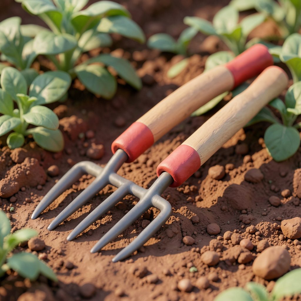 A soft clay-model render of a broadfork garden tool with two long wooden handles and several steel tines, resting against a sunlit garden bed with rich brown soil and green leafy plants in the background, warm earthy tones and soft rounded forms.